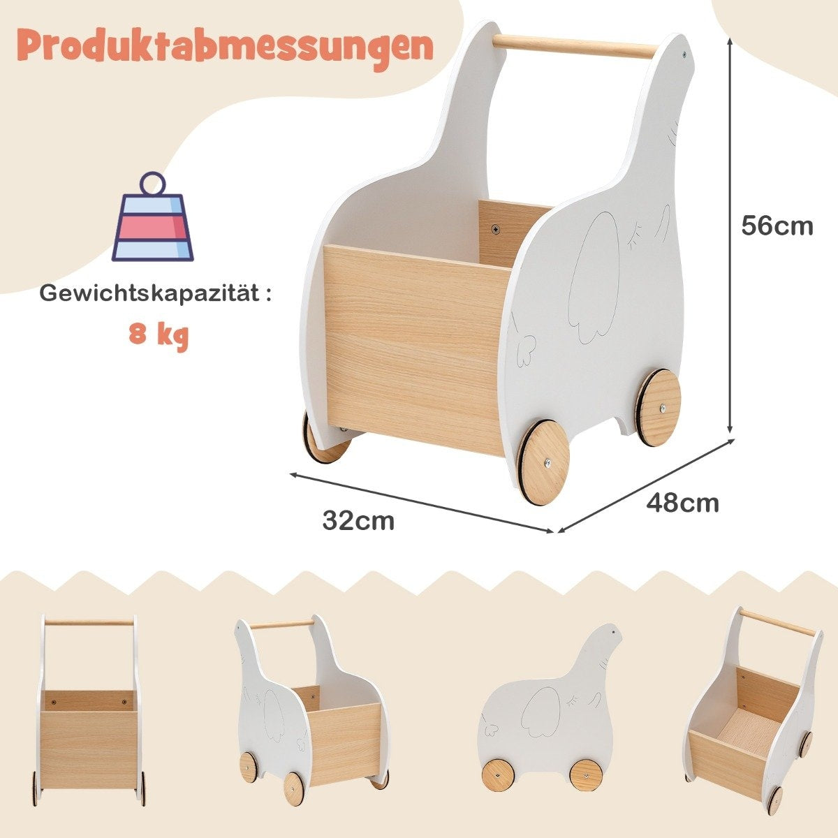 2 i 1 elefantformad trägåstol med stor leksakslåda vit