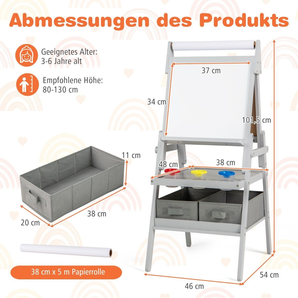3-i-1 barn staffli med svarta tavla, whiteboard och pappersrulle