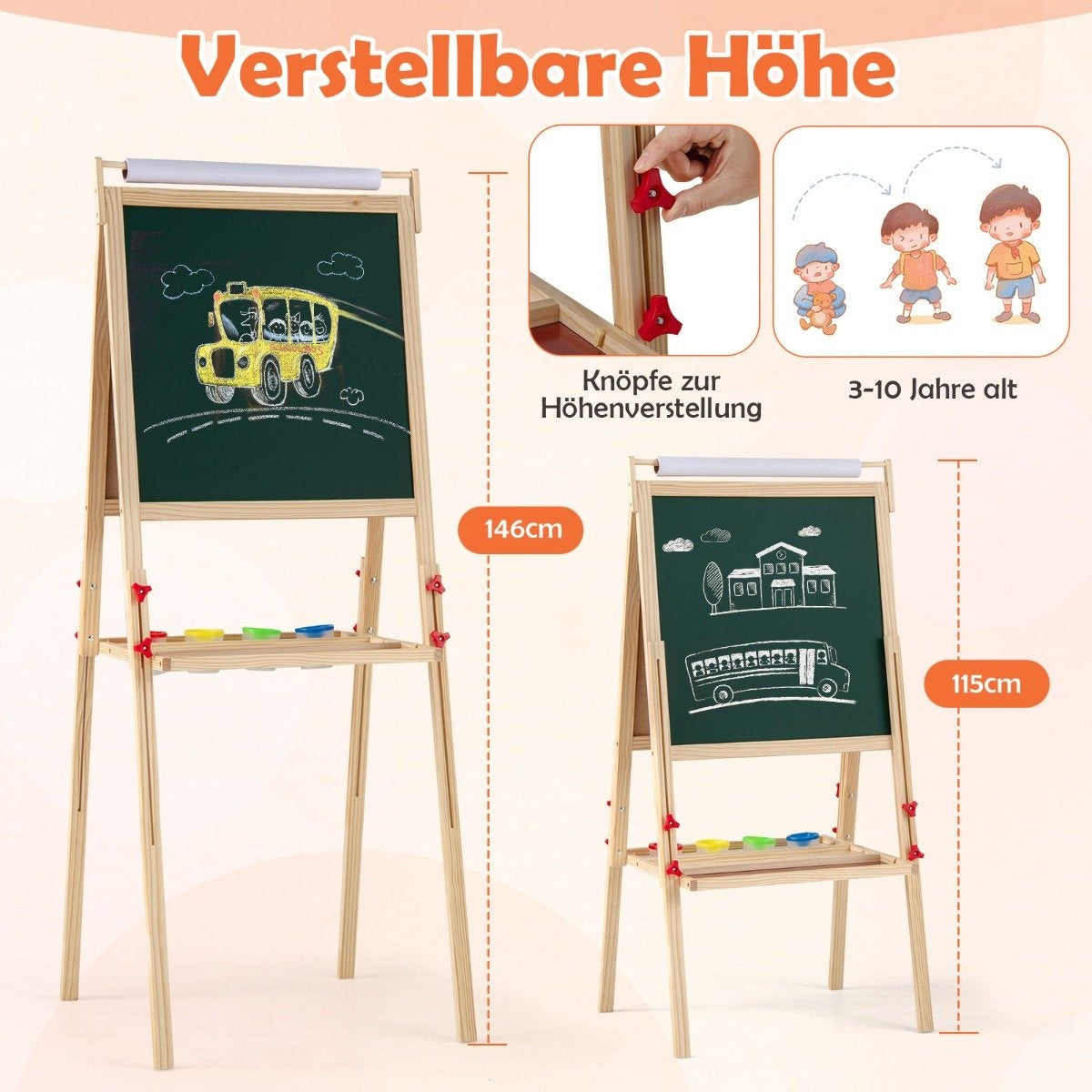 3-i-1 barn staffli med svarta tavla, whiteboard och pappersrulle