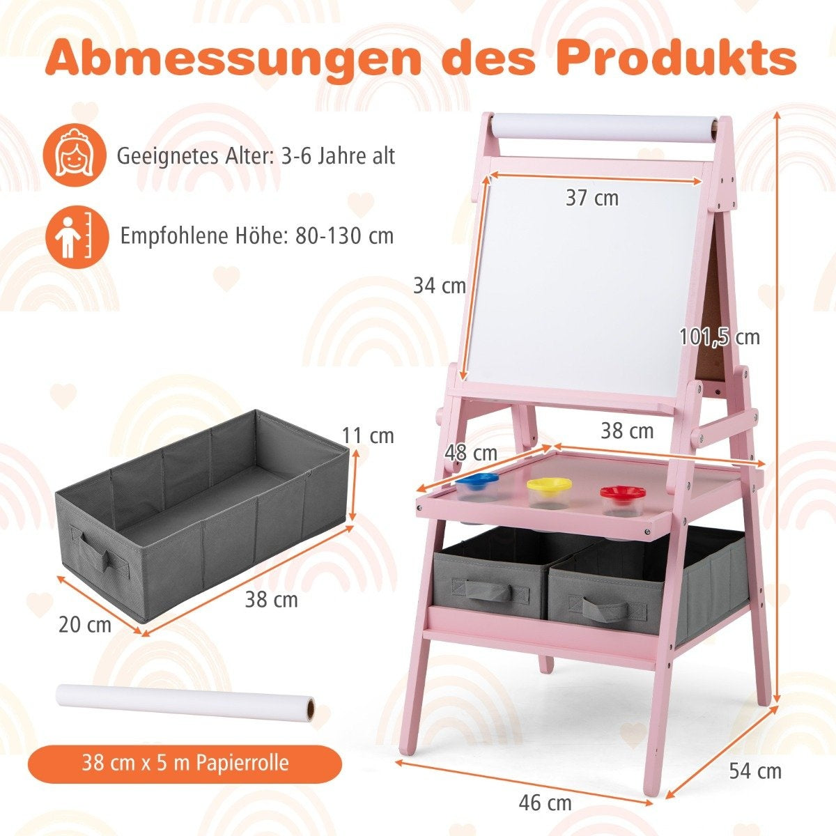 3-i-1 barn staffli med svarta tavla, whiteboard och pappersrulle