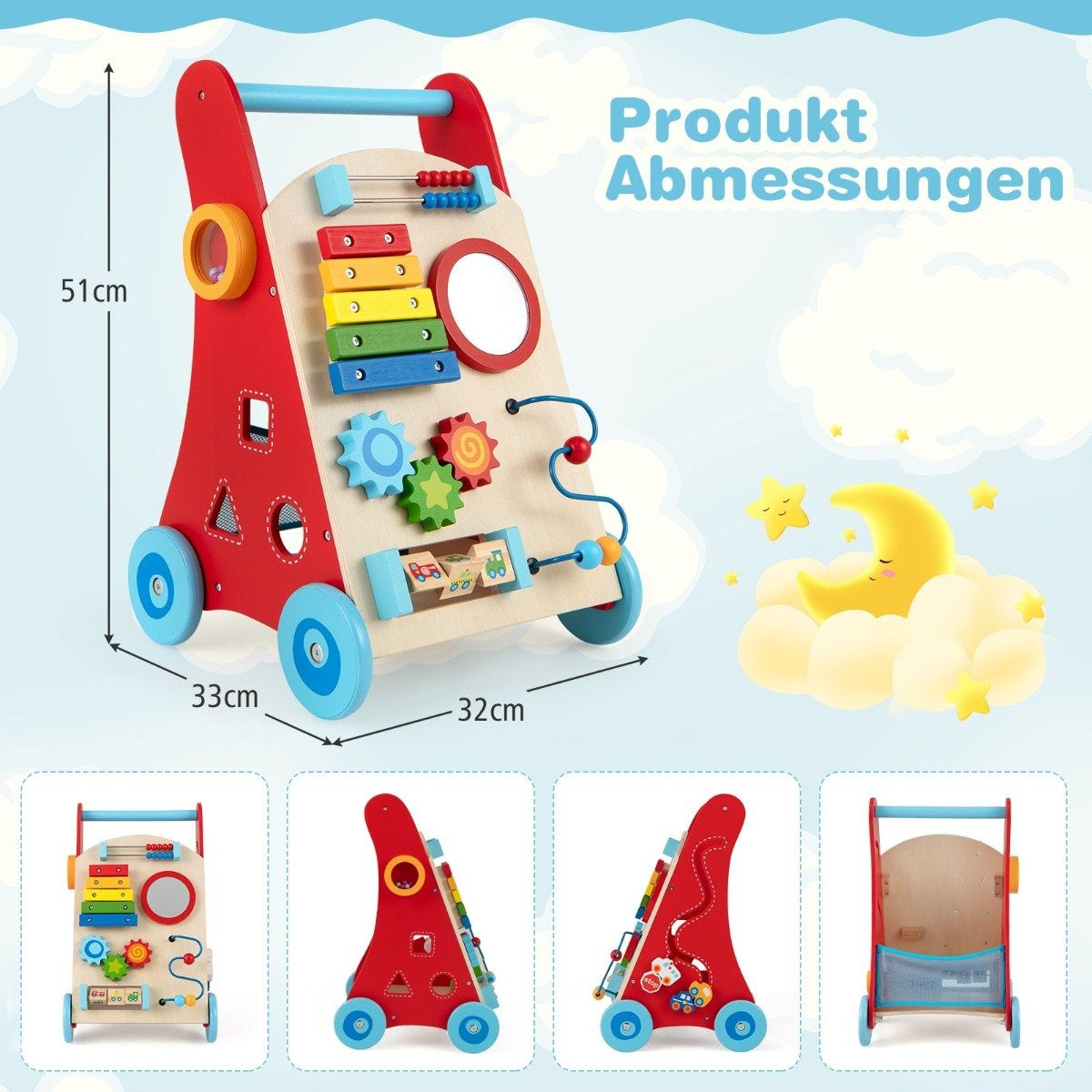 Baby Walker i trä med handtag, förvaring och hjul