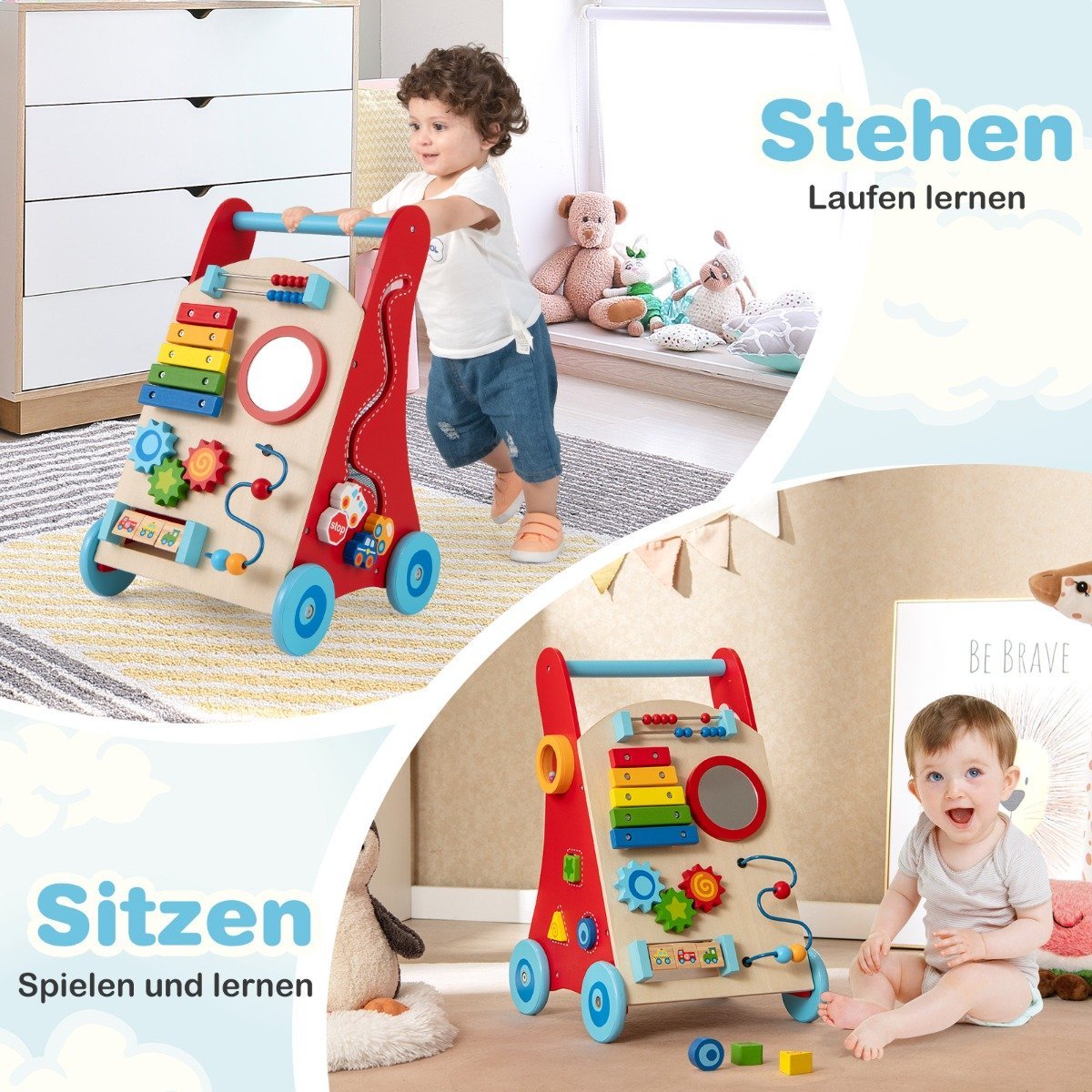 Baby Walker i trä med handtag, förvaring och hjul