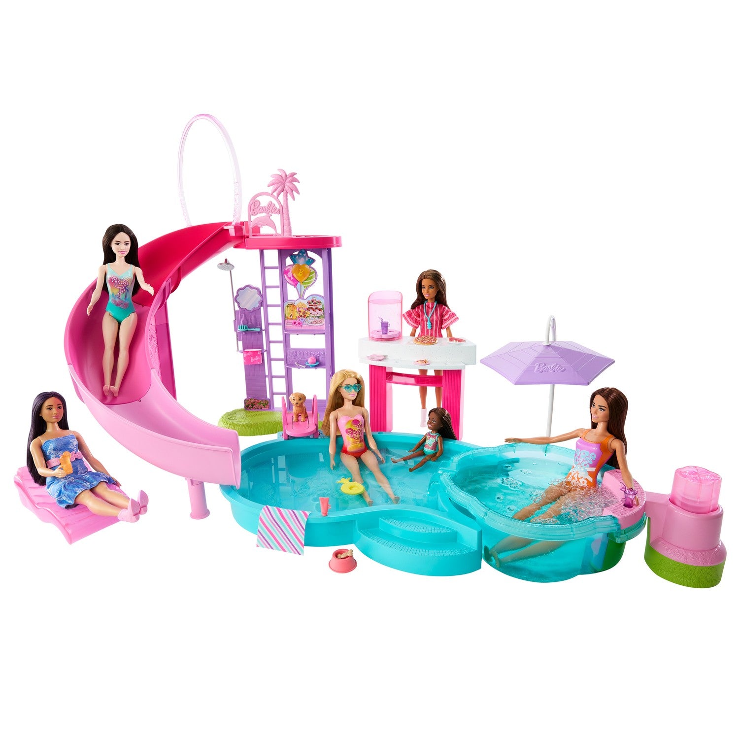 Barbie Poollekset med Rutschkana och Bubbelpool, 17 Tillbehör