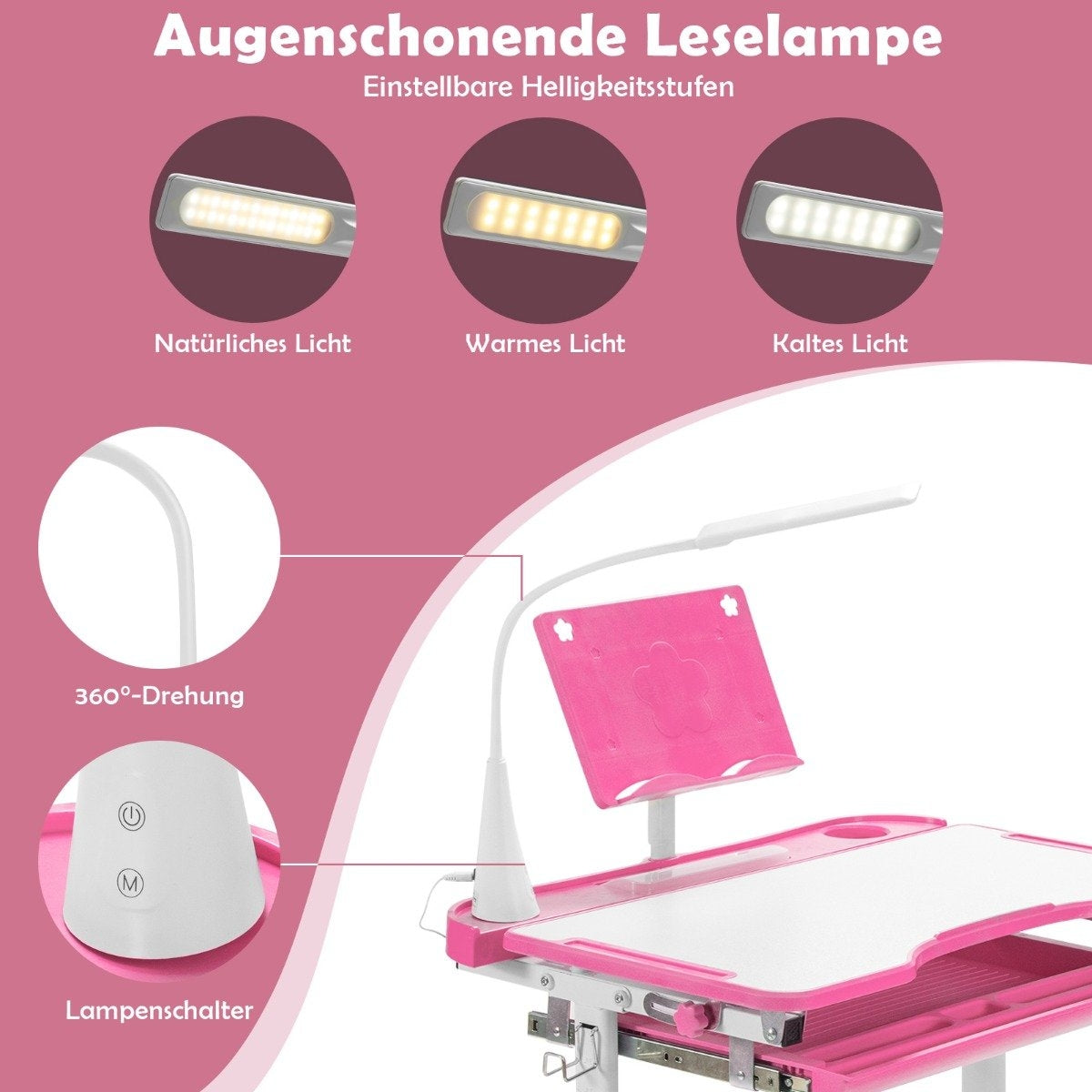Barnbord barnbordsset med bokställ och LED-lampa för pojkar och tjejer rosa
