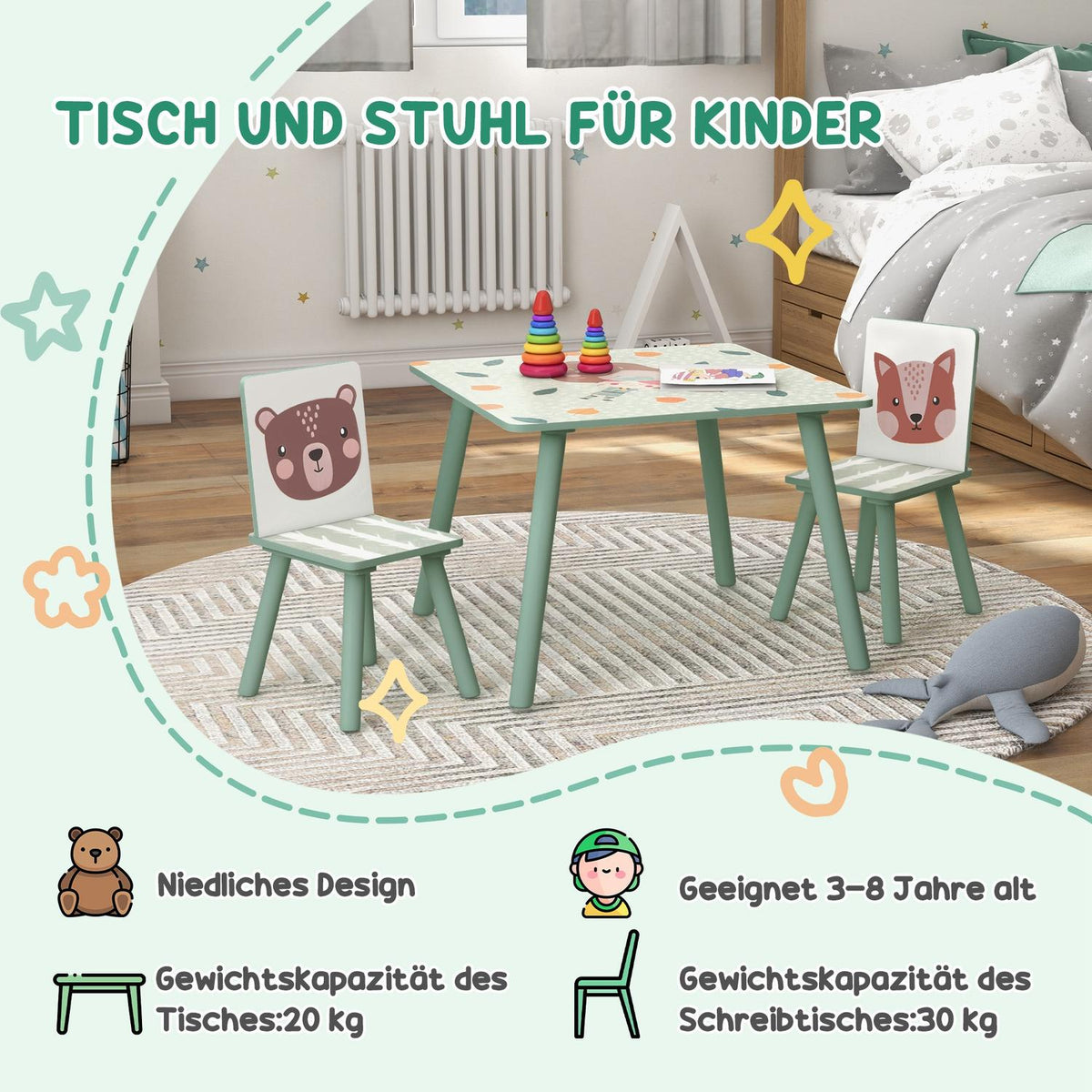 Barnbord med 2 stolar, barnsittgrupp med 1 bord och 2 stolar, sött djurmotiv, barnset för barn 3-8 år, grönt