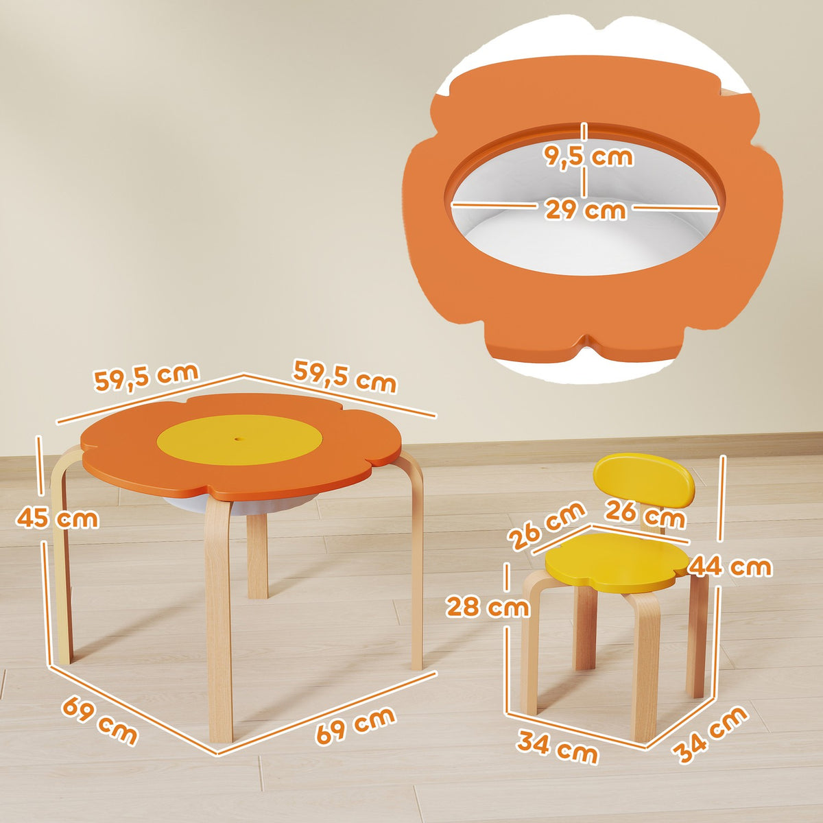 Barnbord och stolsset, 5 delar, blomformad, trä