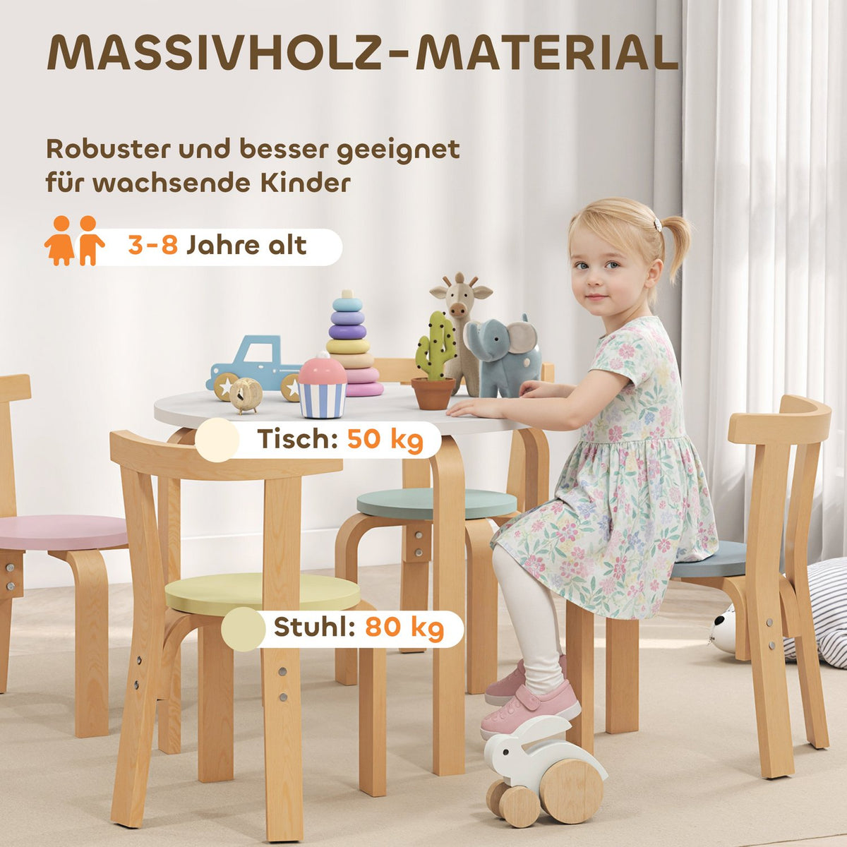 Barnbord och stolsset, 5 delar, färgglatt massivt trä