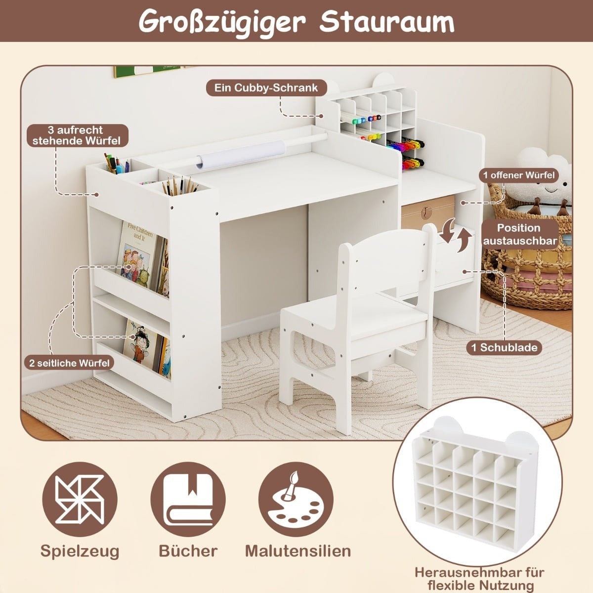 Barnkonstskrivbord och stolsset med pappersrullhållare, vit