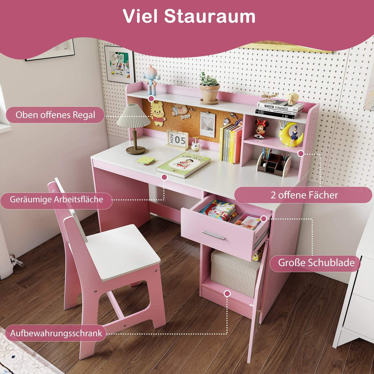 Barnskrivbord och stolsset med förvaring, rosa MDF