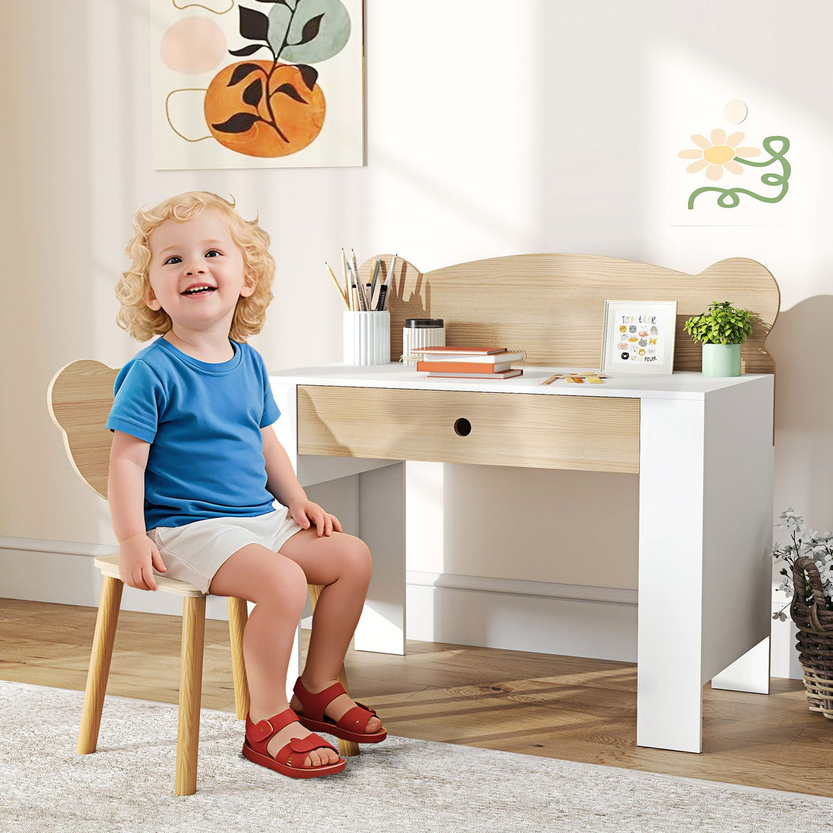 Barnskrivbordsset, björnformat arbetsbord och stol med låda, för skrivning och pyssel, 3-8 år, naturligt trä