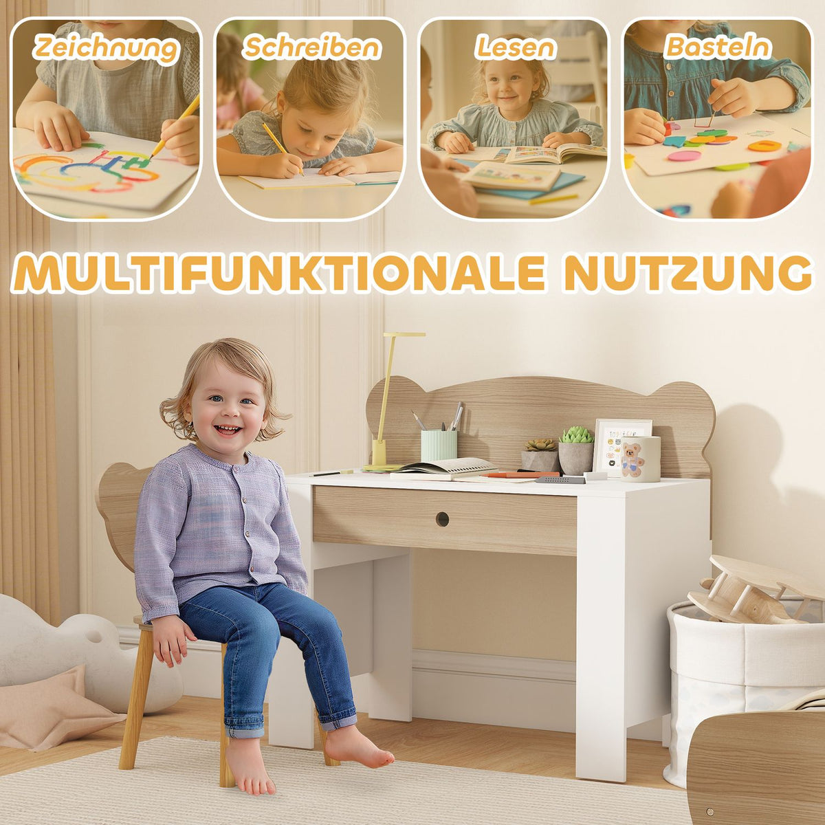 Barnskrivbordsset, björnformat arbetsbord och stol med låda, för skrivning och pyssel, 3-8 år, naturligt trä
