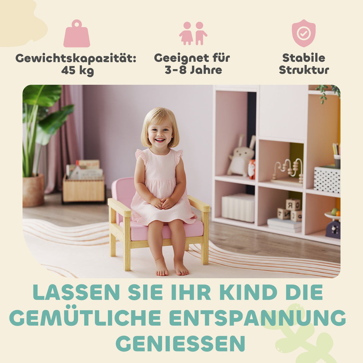 Barnstol i manchester, skum, träben, 3-8 år, rosa