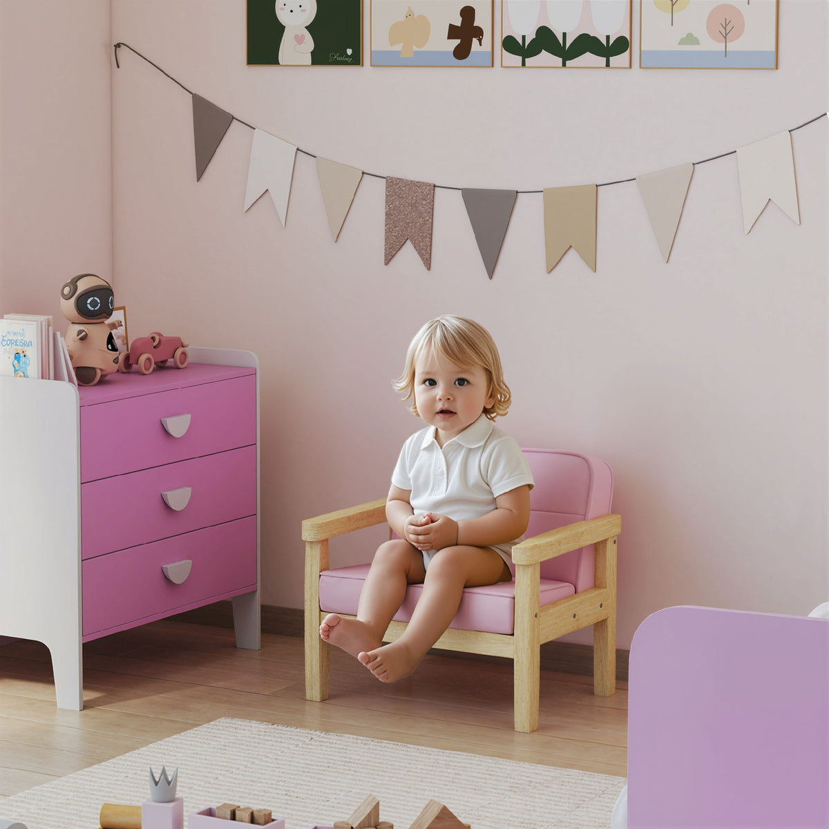 Barnstol i manchester, skum, träben, 3-8 år, rosa