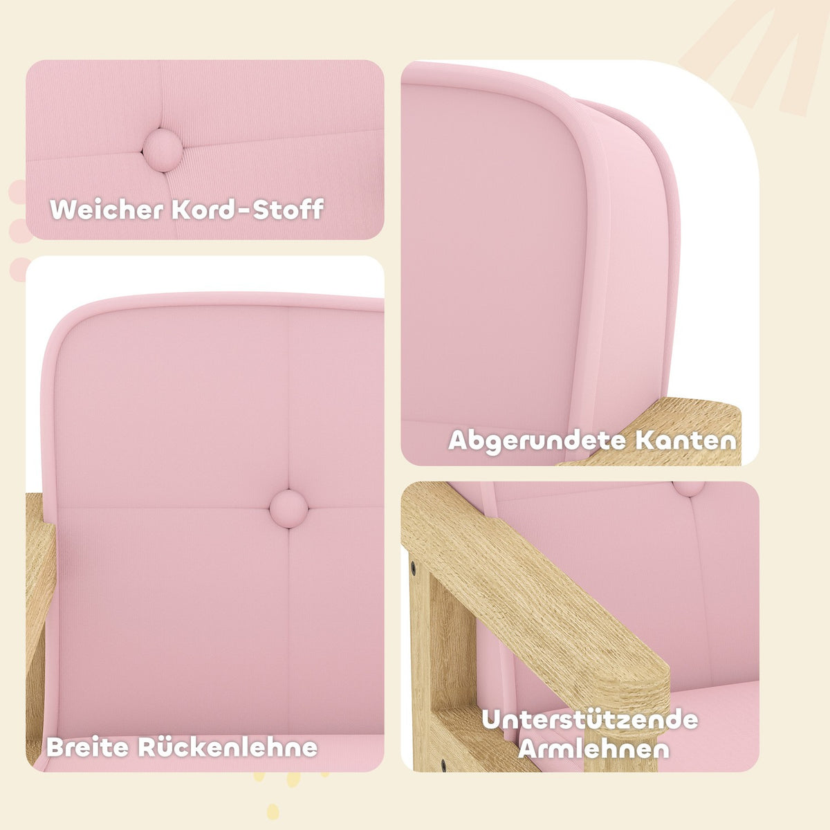 Barnstol i manchester, skum, träben, 3-8 år, rosa