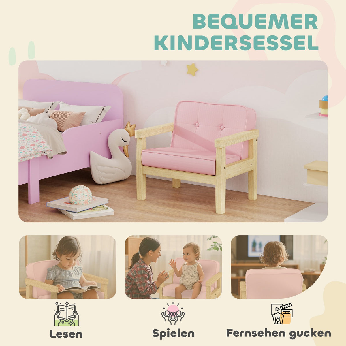 Barnstol i manchester, skum, träben, 3-8 år, rosa