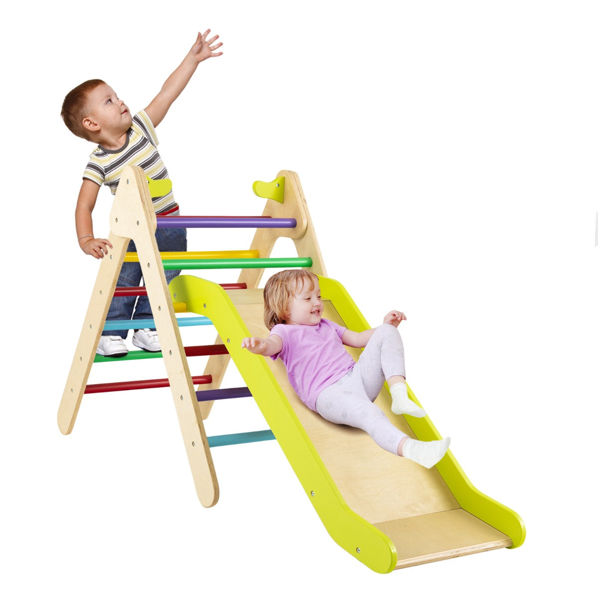 Klättertriangel i trä med justerbar rutschkana för barn, 1-6 år