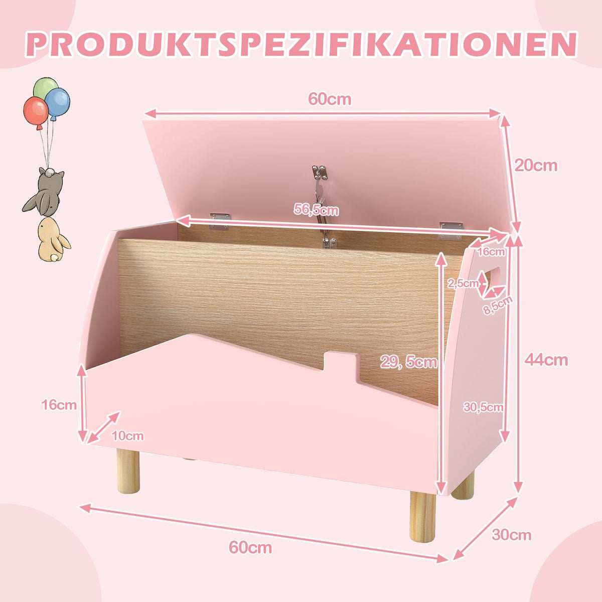 Leksakslåda i trä med hyllplan, rosa, 60 x 30 x 44 cm