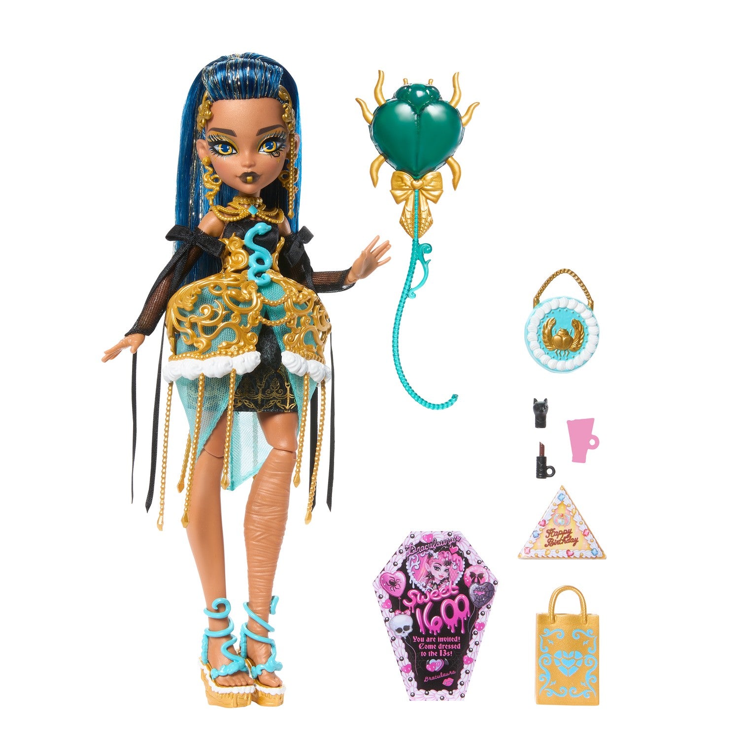 Monster High Cleo de Nile-docka med festklänning och accessoarer