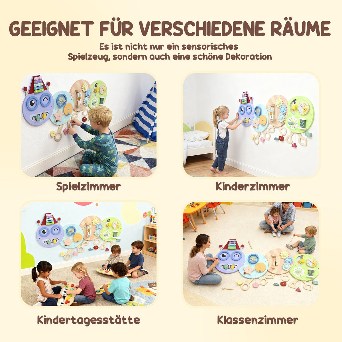Montessori Busy Board – 7-i-1 Väggleksak, Xylofon, Kugghjul, 108 cm