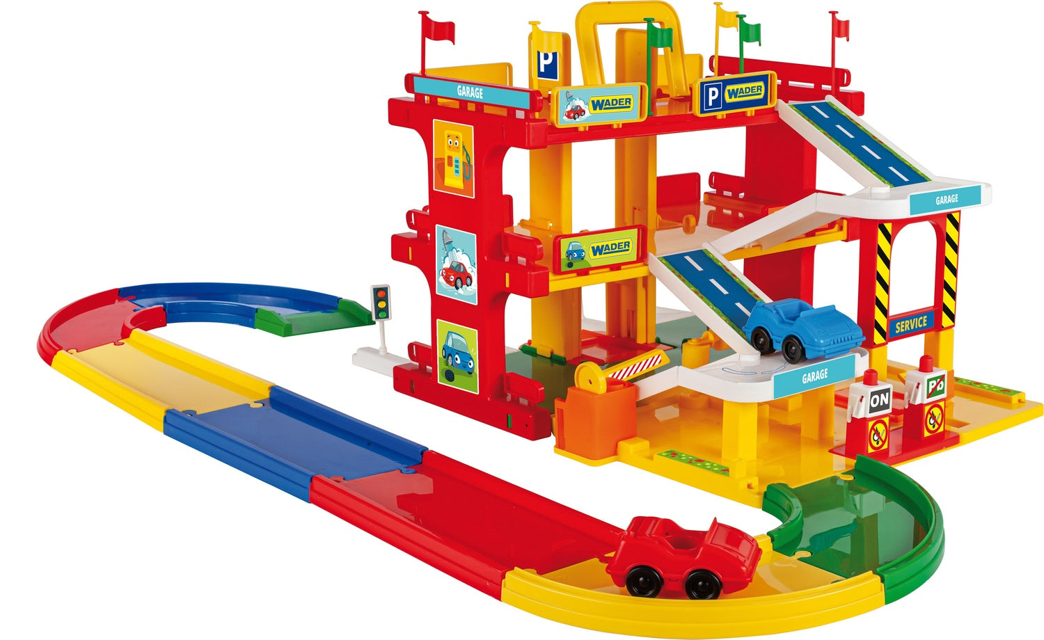 Parkeringsgaragelekset med hiss, bensinstation, 2 bilar