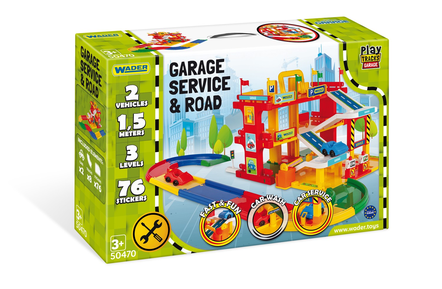 Parkeringsgaragelekset med hiss, bensinstation, 2 bilar