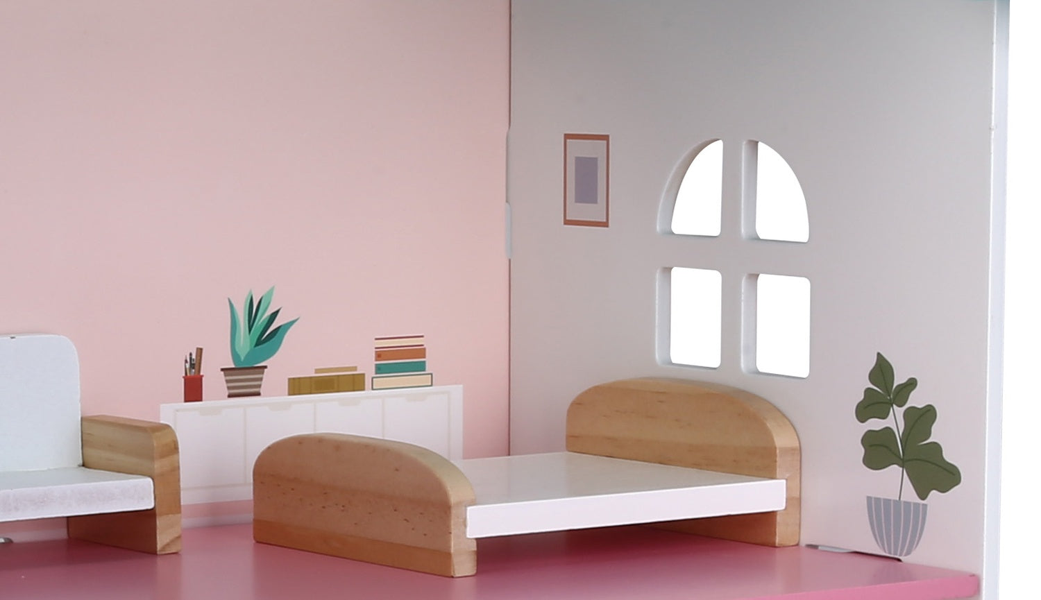 Trädockhus med möbler, tvåvåningshus, 45x42x23 cm