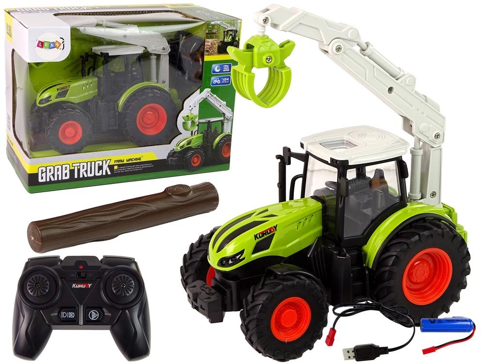 1:24 R/C Grön traktor med grip och lampor - Farm Fun!