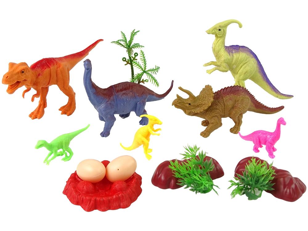 15-delt dinosaursett: 7 dinos, egg, busker, trær