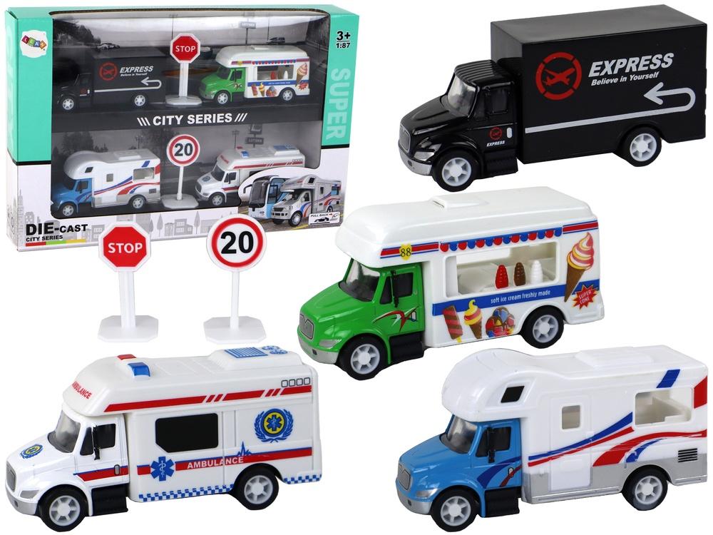 1:87 Friction Drive Set: Campervan, Lastbil, Ambulance, Is