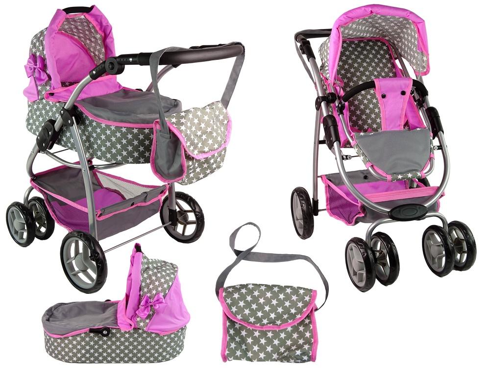 2-i-1 Baby Doll Barnvagn med Bär & Bag - Pink Stars