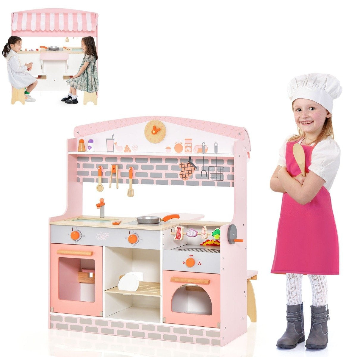 2 i 1 barnkök med spis & ugn & grill & justerbar kapell Dubbelsidigt lekkök
