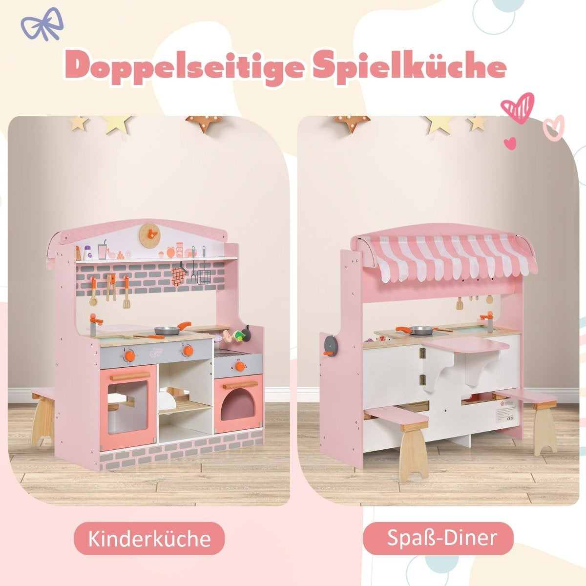 2 i 1 barnkök med spis & ugn & grill & justerbar kapell Dubbelsidigt lekkök