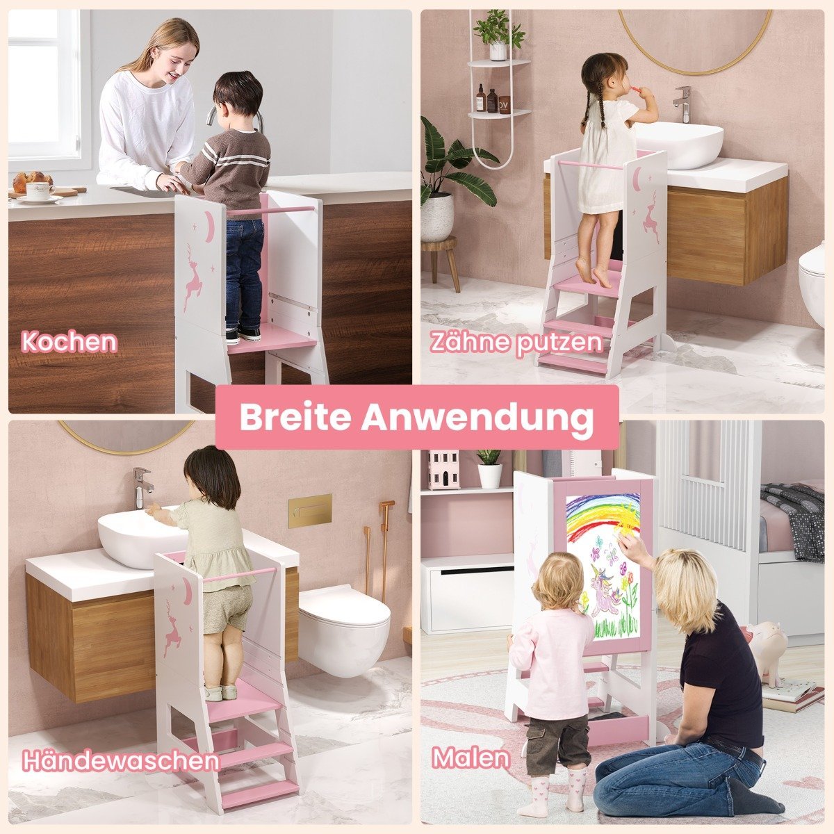 2 i 1 barns lärorn med dubbelsidig bräda &amp; 3 justerbara höjder Kökspall Step Pall Rosa