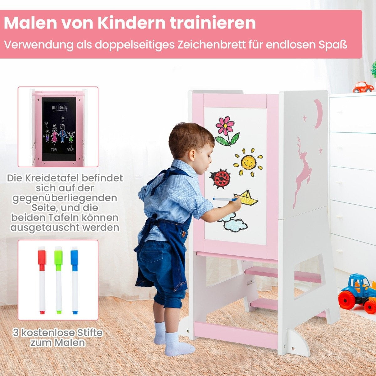 2 i 1 barns lärorn med dubbelsidig bräda &amp; 3 justerbara höjder Kökspall Step Pall Rosa