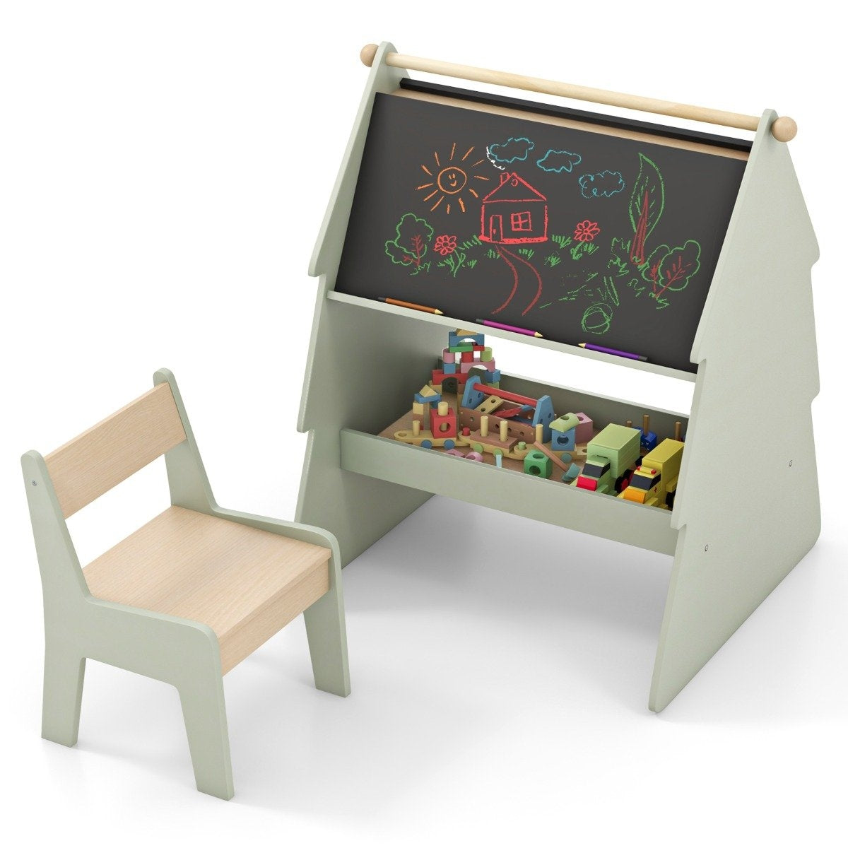 2 i 1 barnstafli med stol i trädform Dubbelsidig ståbräda med svarta tavla och whiteboard