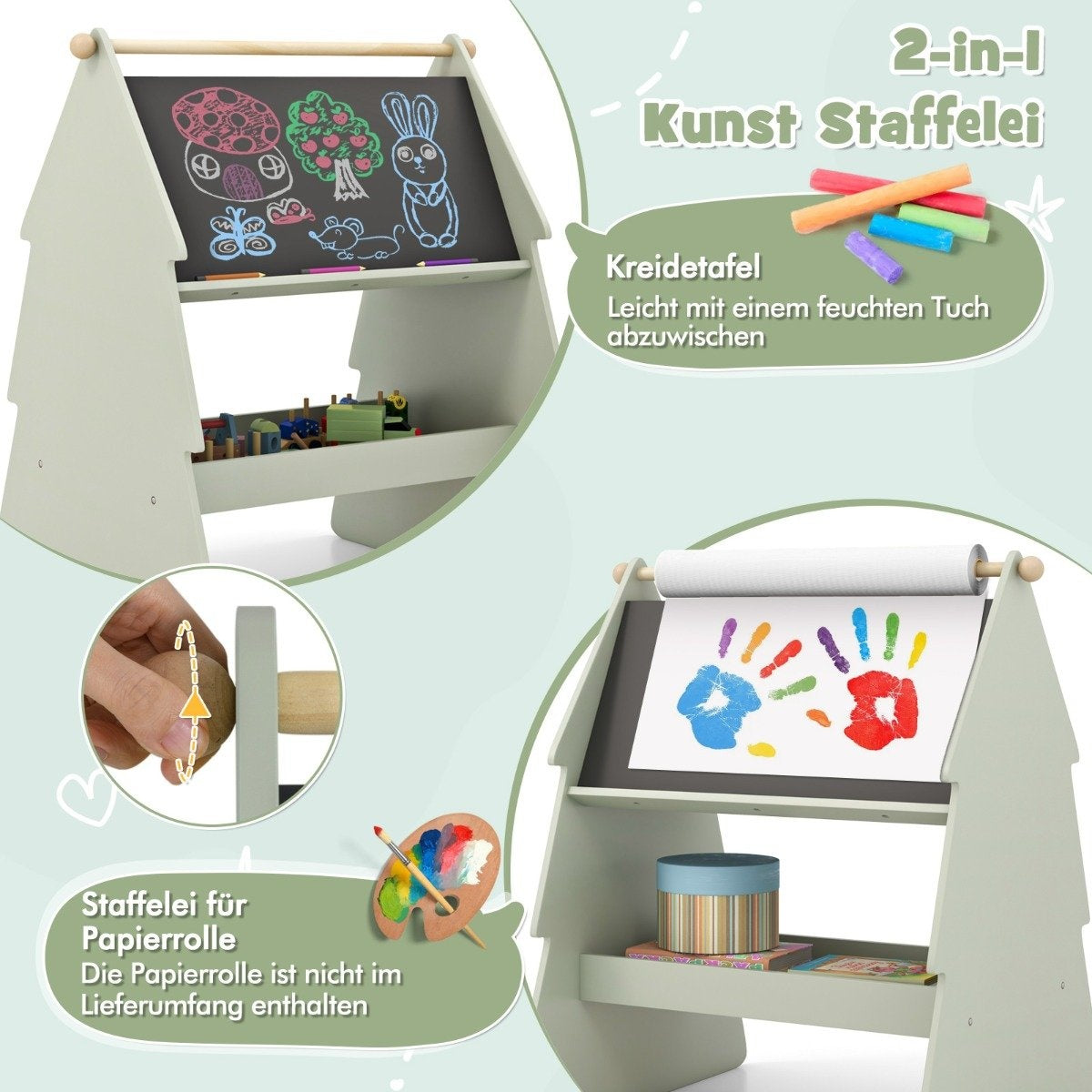2 i 1 barnstafli med stol i trädform Dubbelsidig ståbräda med svarta tavla och whiteboard