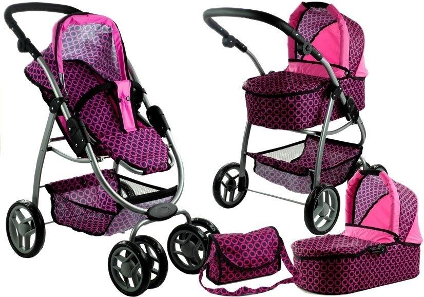 2-i-1 pink dukkevogn &amp; buggy med sorte prikker - sjov og praktisk