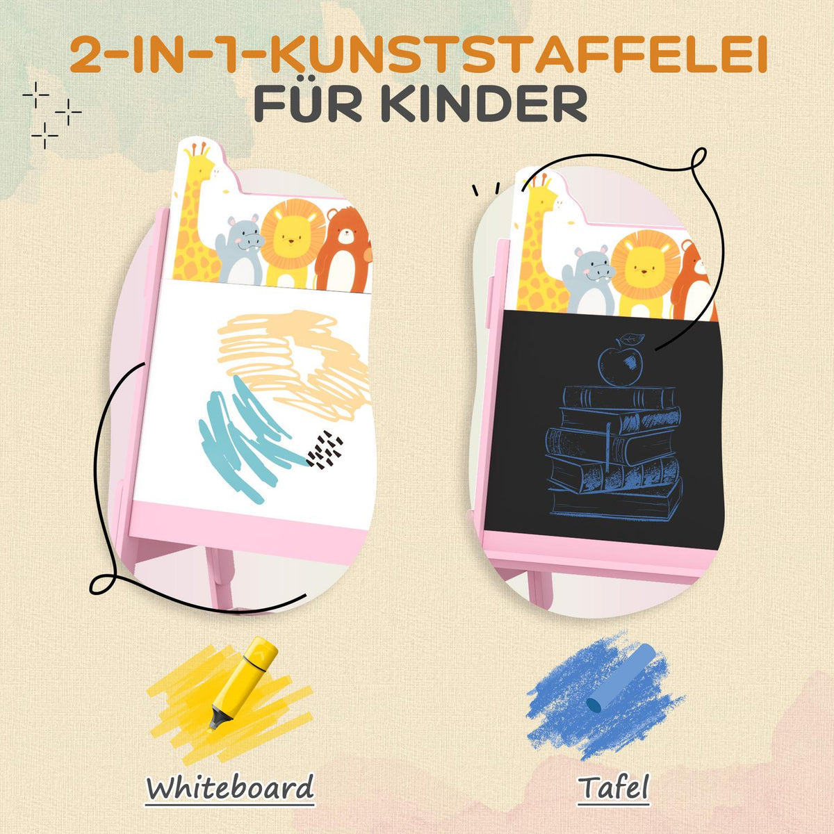 2-i-1 svarttavla för barn, dubbelsidigt staffli för barn, staffli med svarta tavla, whiteboard, förvaringslådor, för barn 3-8 år, rosa