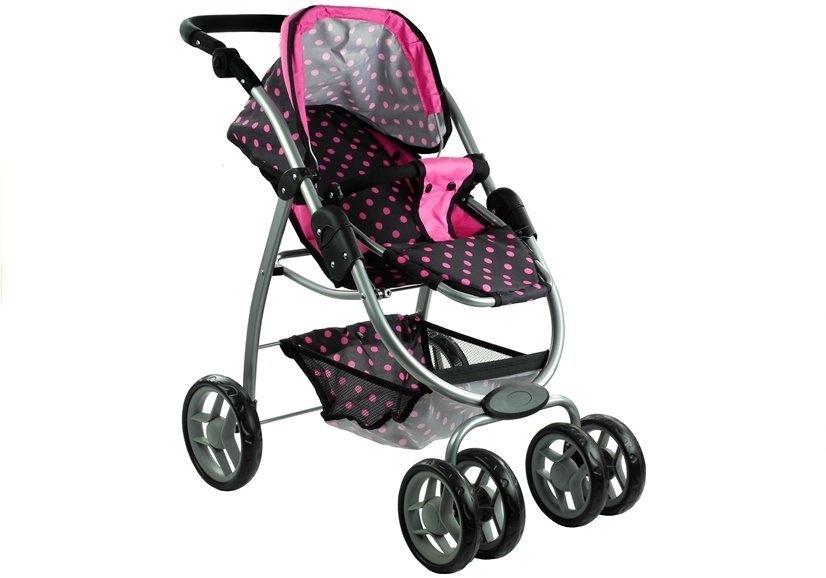 2i1 Dukke Buggy &amp; Stroller - Sort med lyserøde prikker Sjovt!