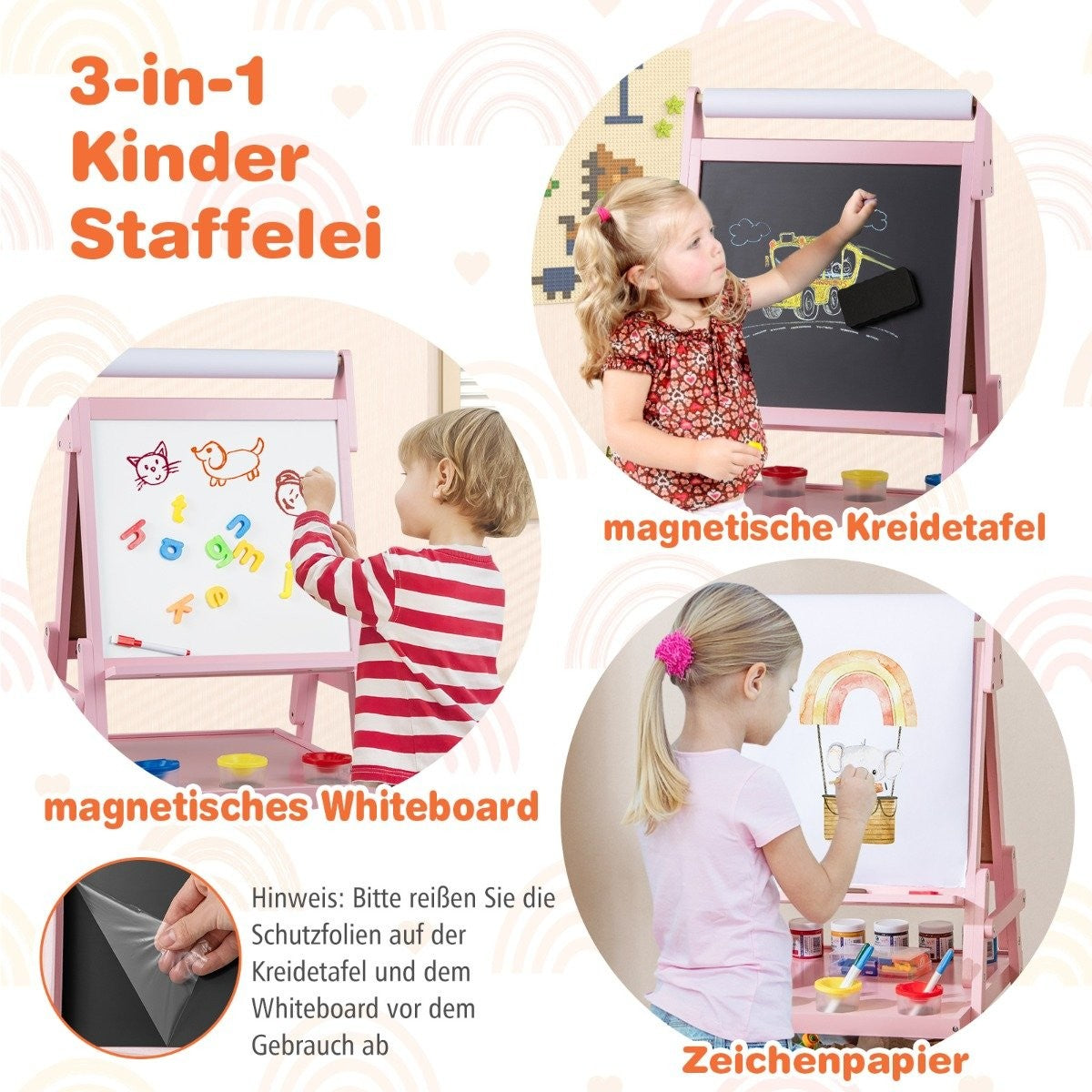 3-i-1 barn staffli med svarta tavla, whiteboard och pappersrulle