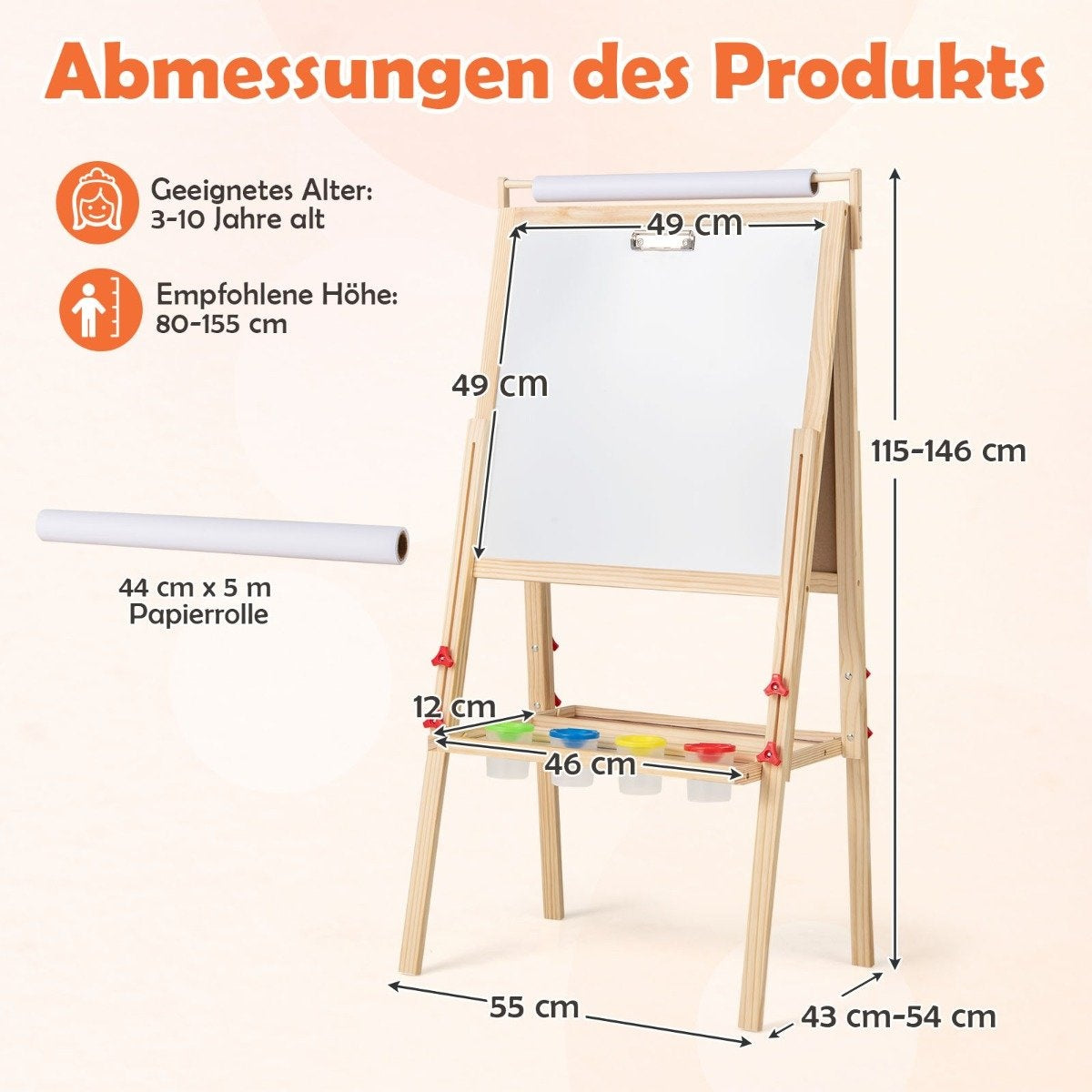 3-i-1 barn staffli med svarta tavla, whiteboard och pappersrulle