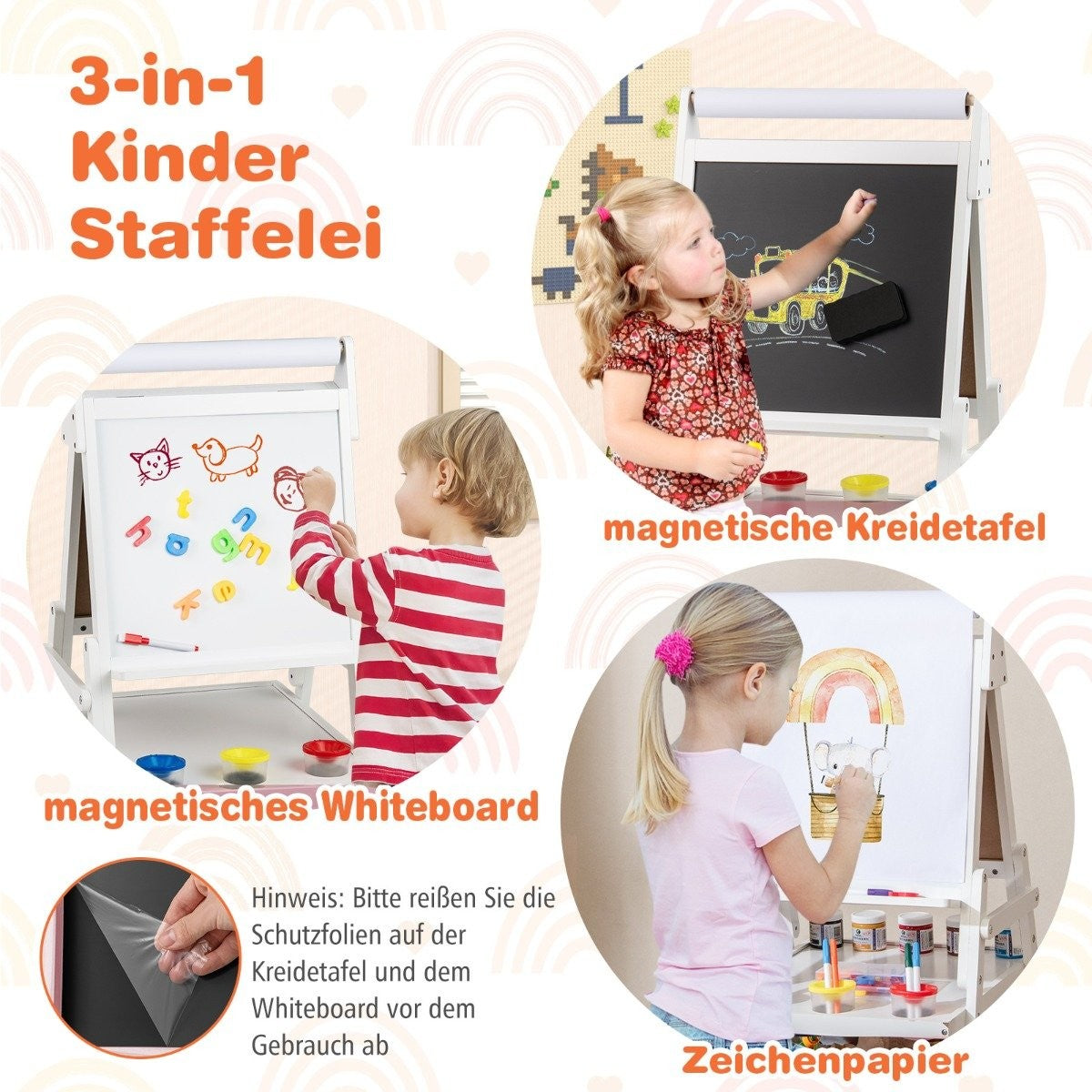 3-i-1 barn staffli med svarta tavla, whiteboard och pappersrulle