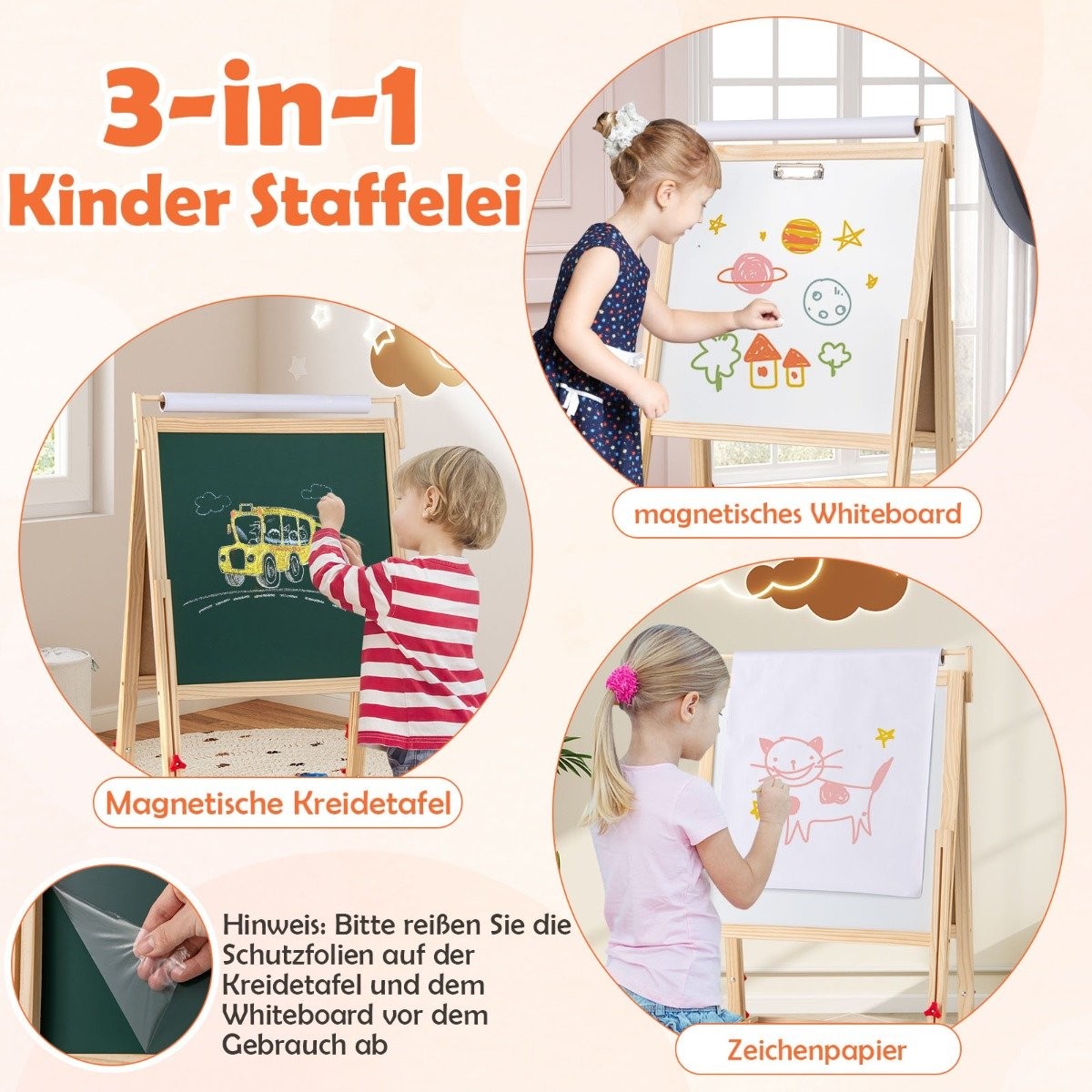 3-i-1 barn staffli med svarta tavla, whiteboard och pappersrulle