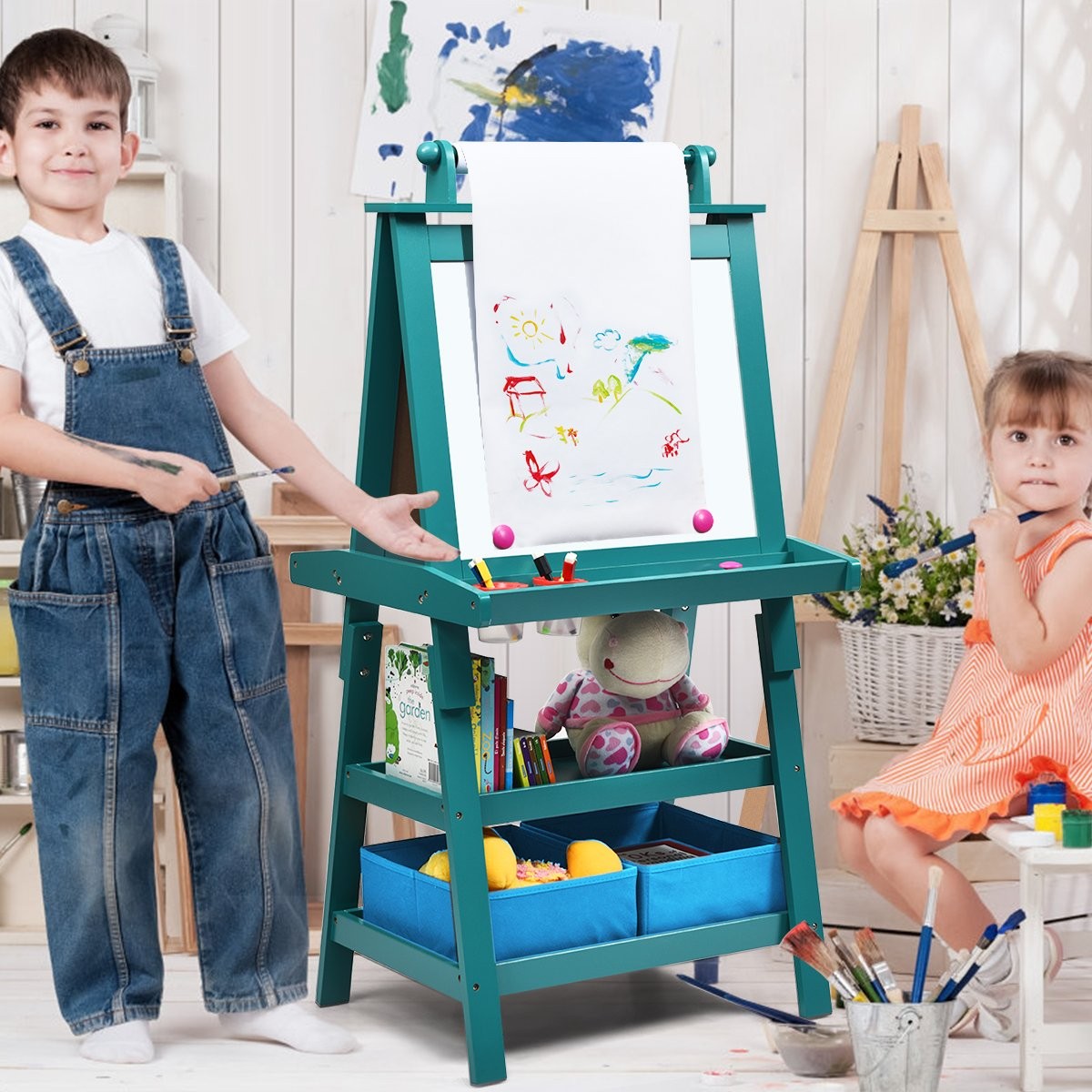 3 i 1 barnstafli Barntavla Dubbelsidig whiteboard & svarta tavla & ritpapper 59 x 50 x 117 cm Blå