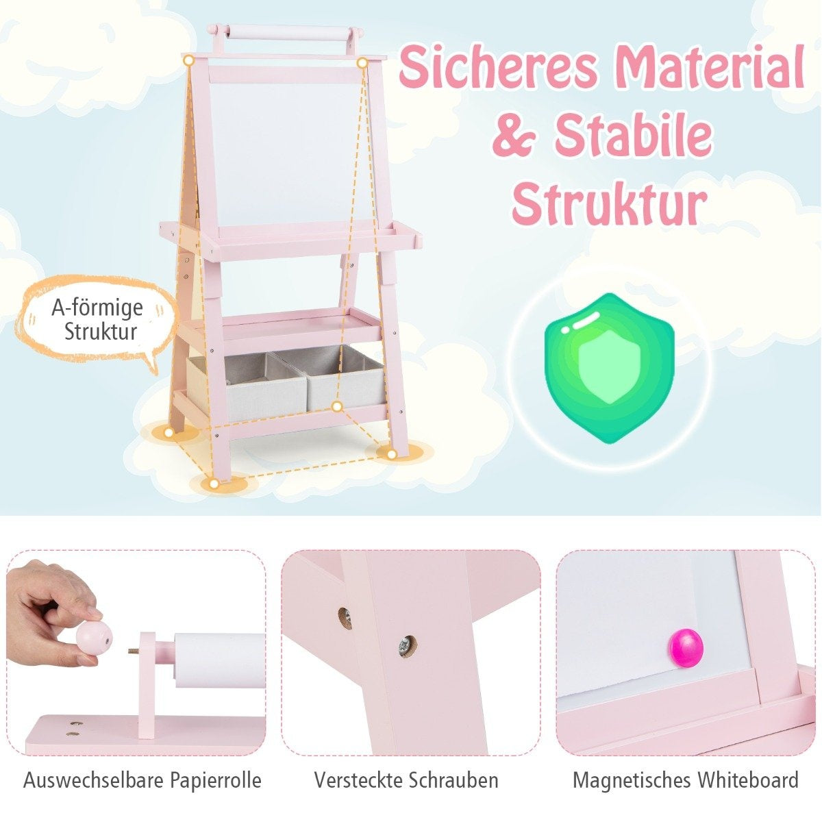 3 i 1 barnstafli dubbelsidig whiteboard & svarta tavla & ritpapper rosa