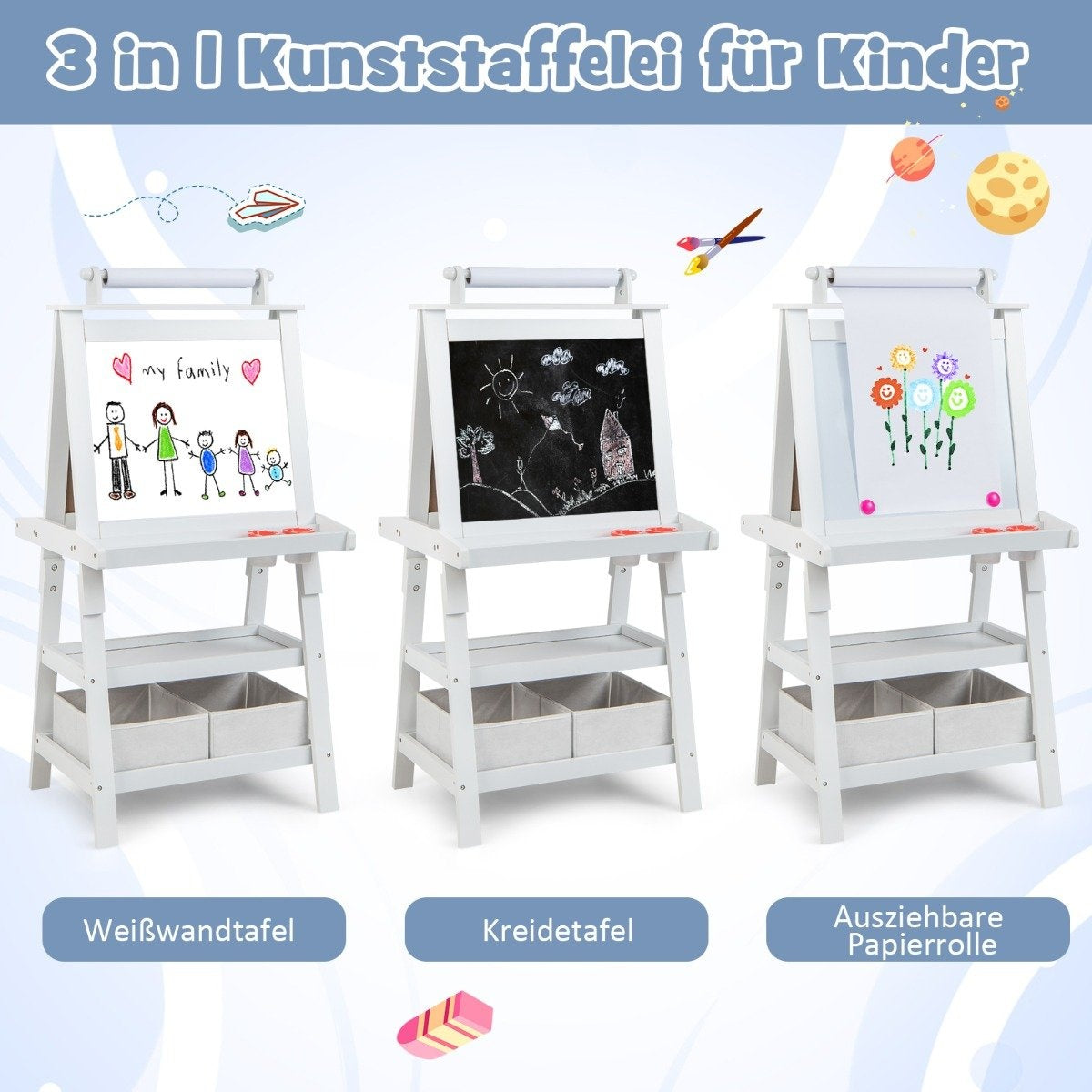 3 i 1 barnstafli dubbelsidig whiteboard & svarta tavla & ritpapper ståbräda vit