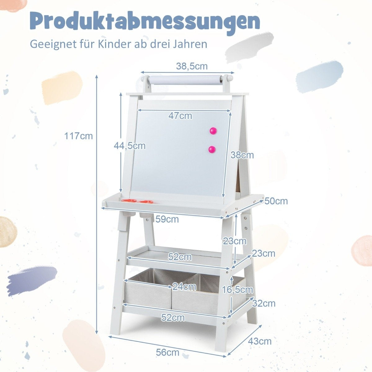 3 i 1 barnstafli dubbelsidig whiteboard & svarta tavla & ritpapper ståbräda vit