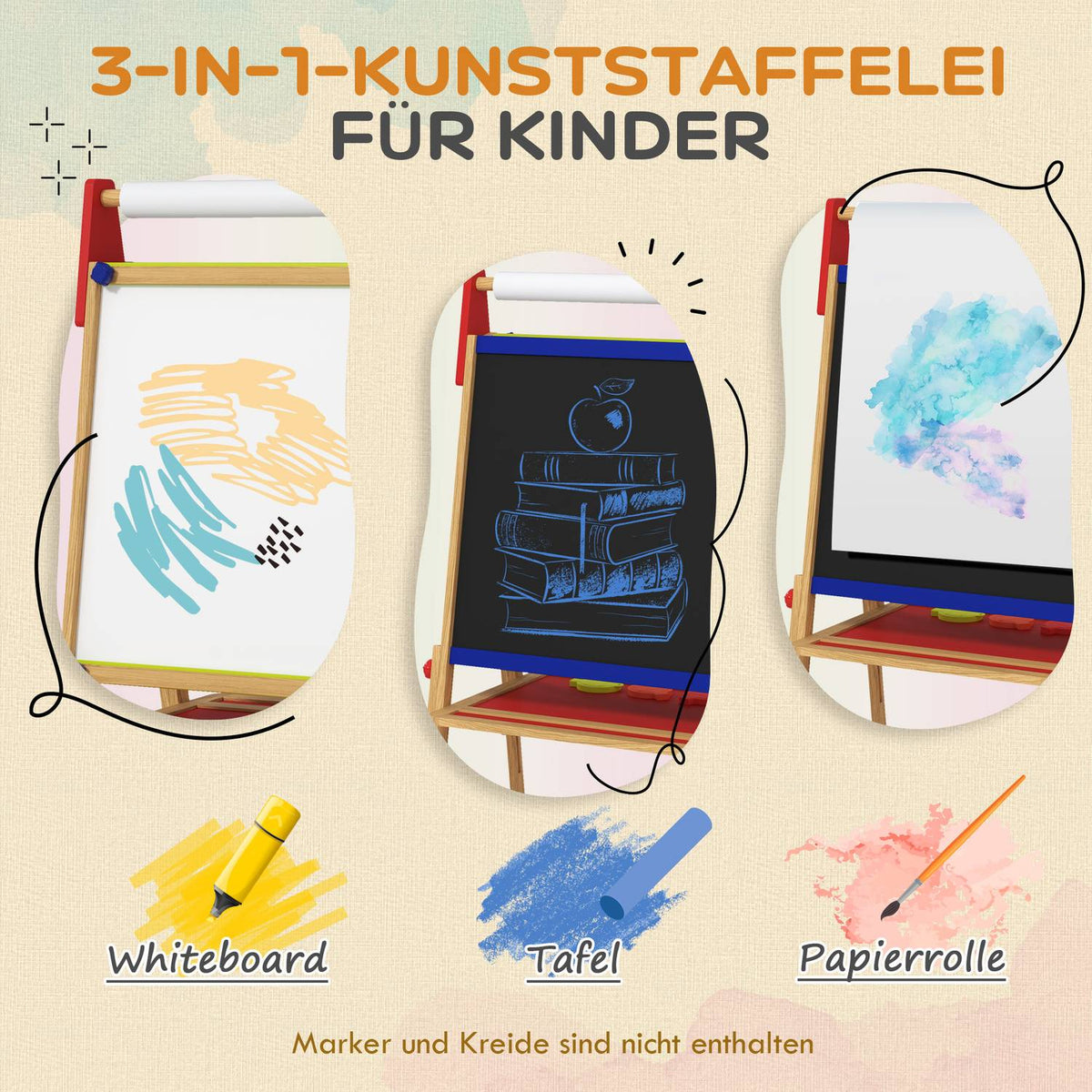 3-i-1 barntavla höjdjusterbar, dubbelsidigt barnstafli med hylla, staffli med målarkopp, suddgummi, ritpapper, för barn 3-8 år, naturligt trä