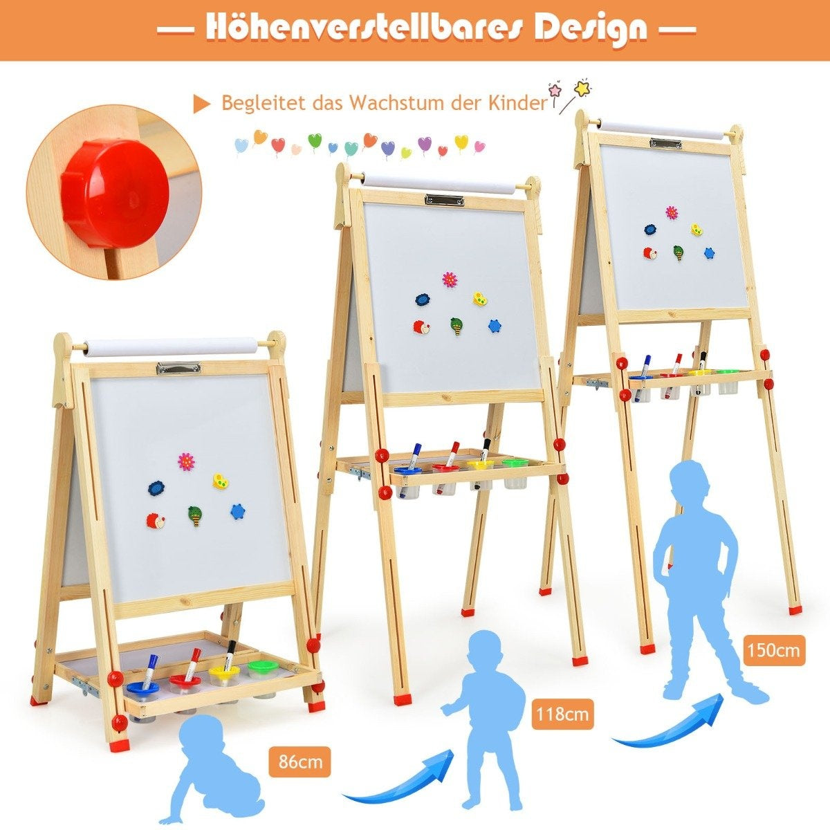 3 i 1 dubbelsidigt trästafli för barn med whiteboard och svarta tavla och ritpapper