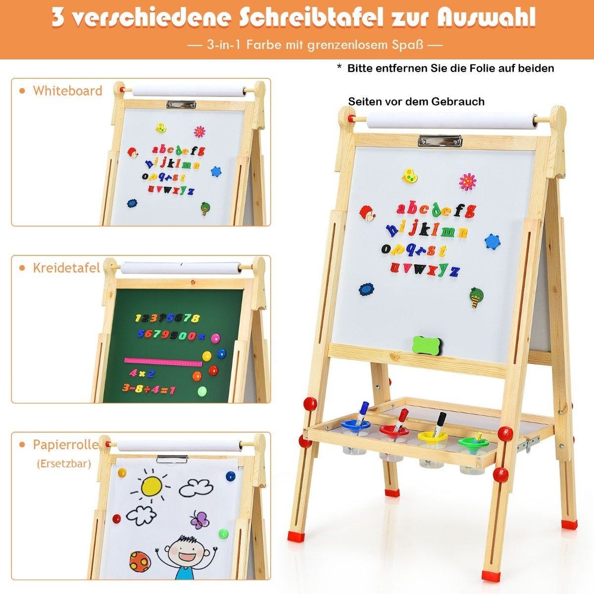 3 i 1 dubbelsidigt trästafli för barn med whiteboard och svarta tavla och ritpapper